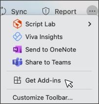 Capture d'écran du bouton Get-Add-Ins dans Microsoft Outlook sur macOS