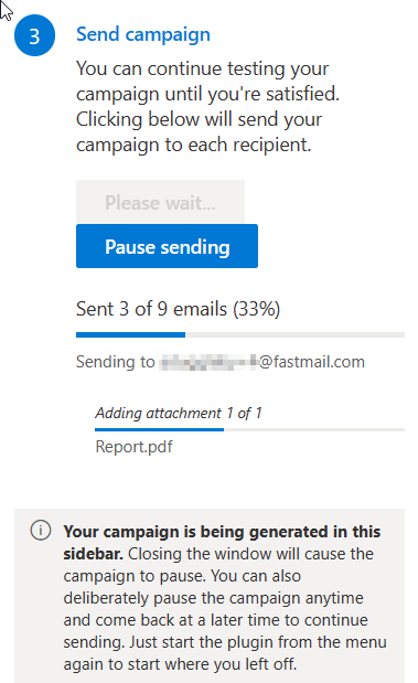 Capture d'écran d'une campagne en cours d'envoi