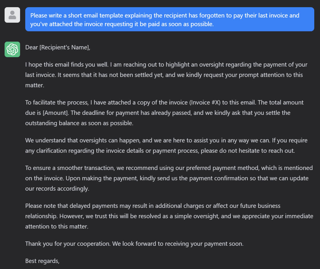 Une réponse ChatGPT qui vous donne un corps d'e-mail pour commencer