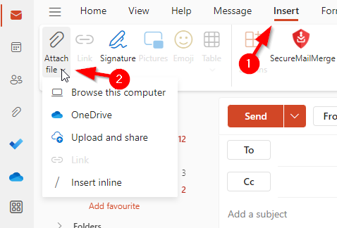 L'icône du ruban du menu Fichier joint dans New Outlook