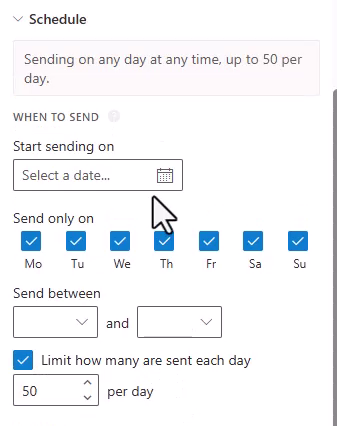 The When to send subgroup, including the weekday checkboxes