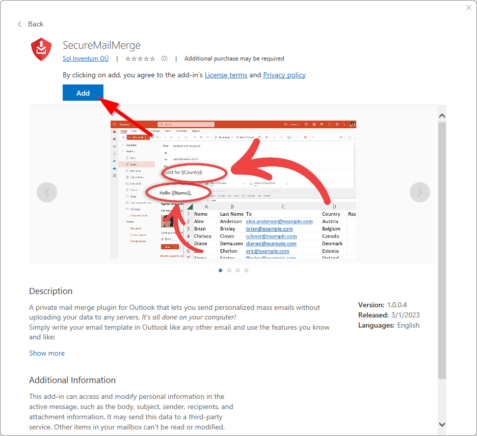 Capture d’écran de la page produit du complément Office SecureMailMerge