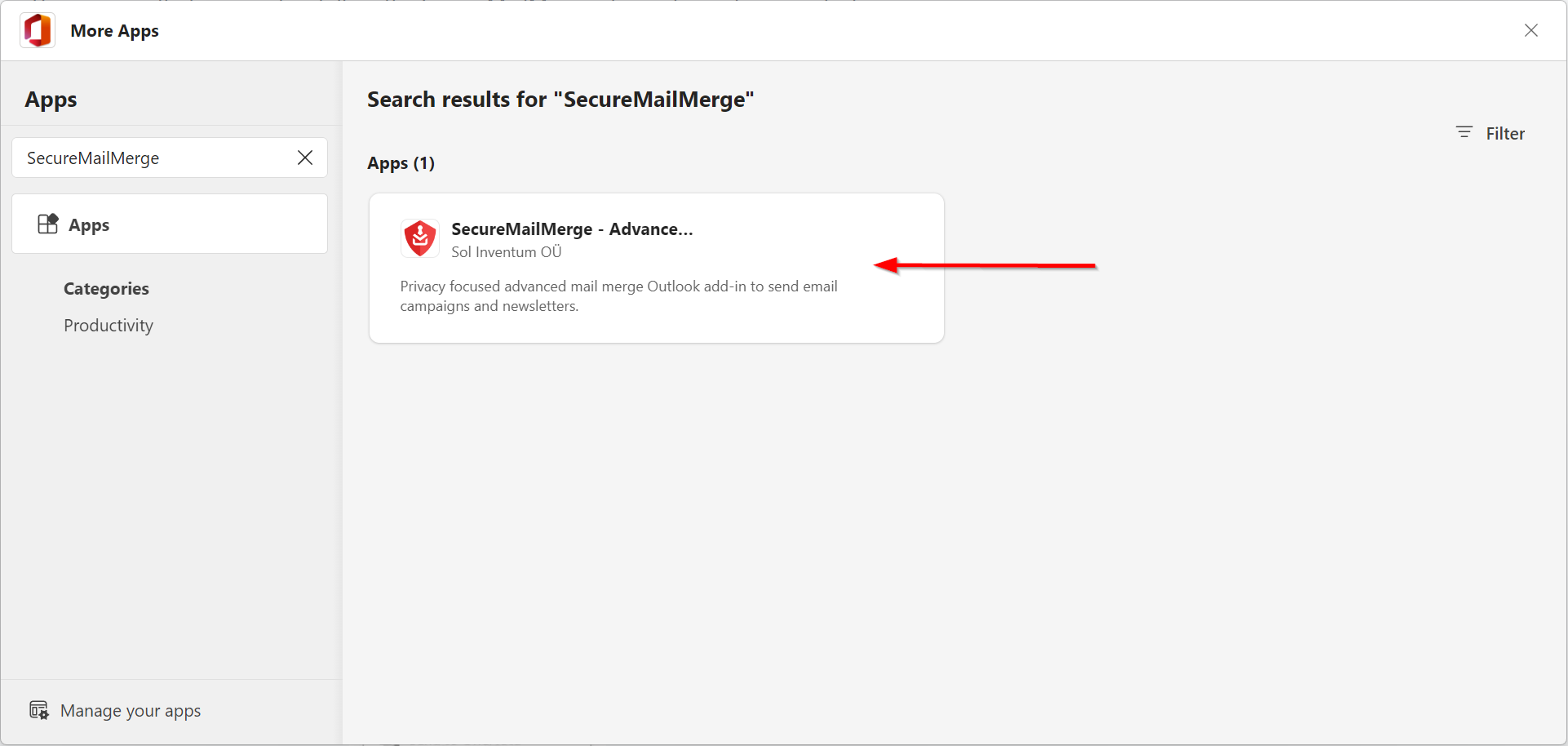 Capture d’écran du résultat de recherche SecureMailMerge dans AppSource