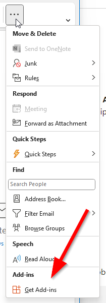 Capture d'écran du bouton Get-Add-Ins dans Microsoft Outlook
