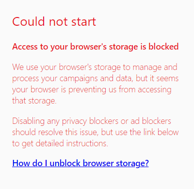 Capture d'écran de l'erreur de stockage du navigateur bloqué