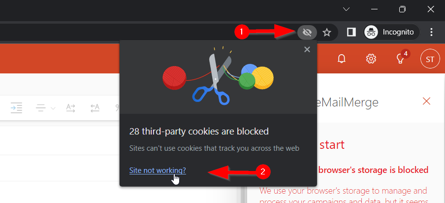 Capture d'écran d'une activation de cookies tiers dans Chrome
